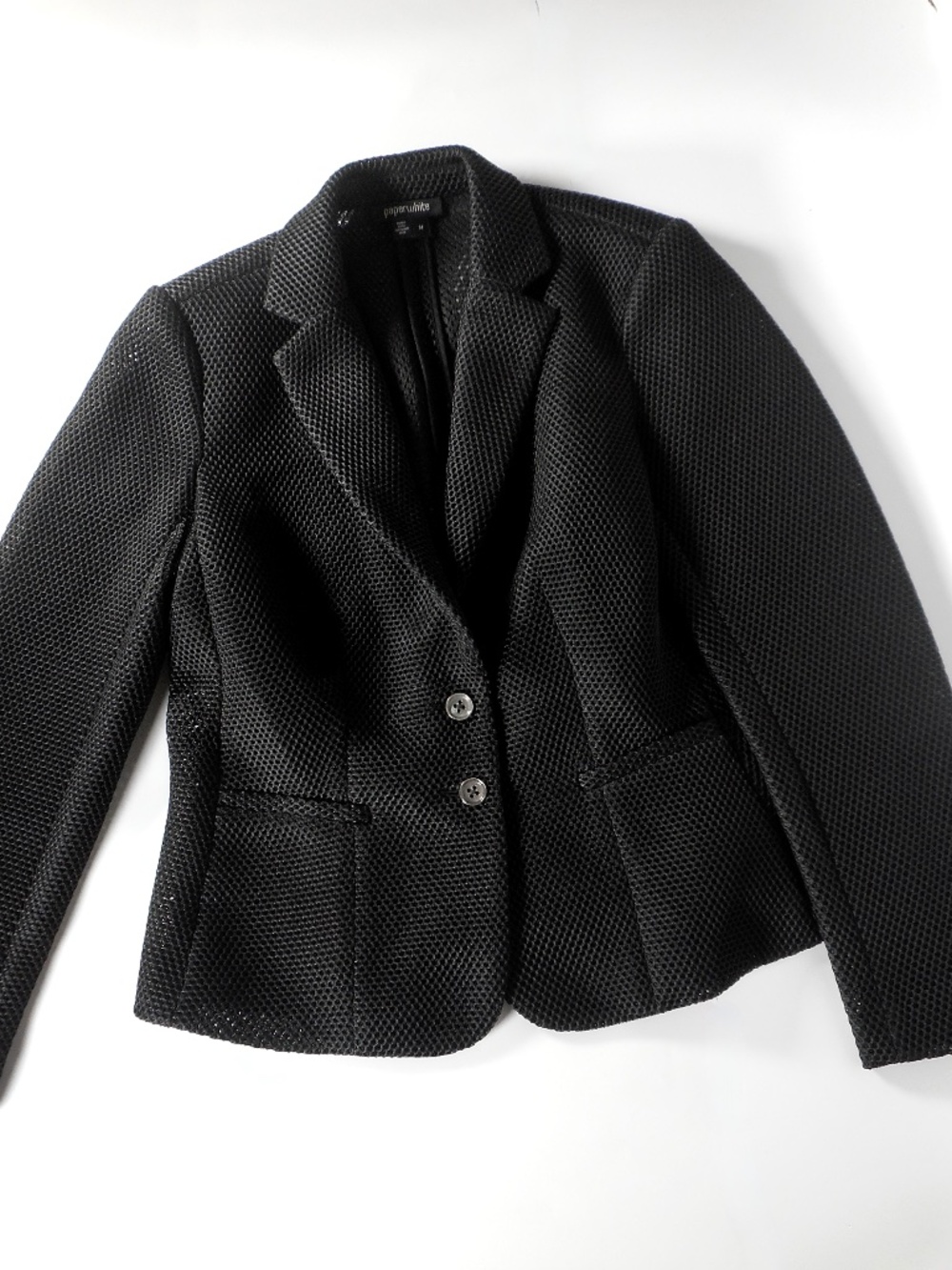 Paperwhite Luxury Black Mesh Blazer Sz 14 Jacket 2-Button Career Mod Unique Luxe